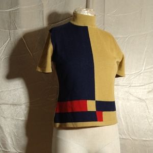 Vintage 60s Mod As Time Navy Tan Red Color Block Turtleneck Tee. Size large very